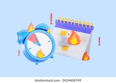 View of desk calendar and alarm clock with burning deadline over blue background. Concept of scheduling and time management. 3d rendering - Powered by Shutterstock