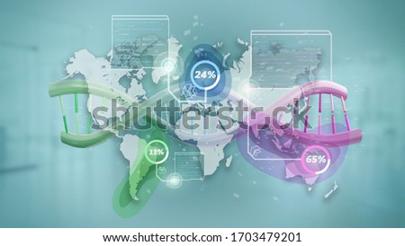 View of a DNA over a world map with geographic localization - genealogy concept - 3d rendering