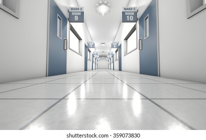 A View Down The Length Of A Passage Of A Hospital Environment With Rooms And Signs