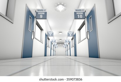 A View Down The Length Of A Passage Of A Hospital Environment With Rooms And Signs