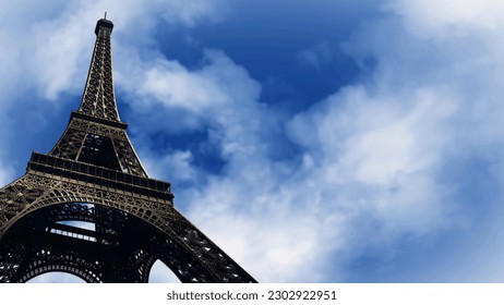 Up View of the Eiffel Tower with Clouds features a view of looking up at the Eiffel Tower with clouds in the background and ready for your custom text.