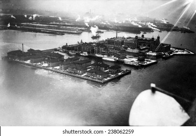 View of Ellis Island from airplane New York City ca 1912