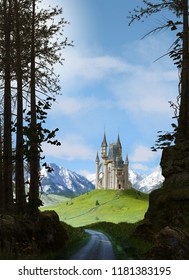 View from an enchanting forest over to a magical fairy tale princess castle surrounded by snow covered mountains, 3d render