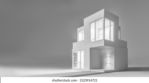 View exterior layout of a modern small house C facade trim of rectangular boards in the evening light. 3D illustration