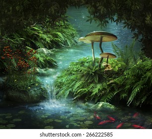 view of fantasy river with a pond, red fishes and mushroom