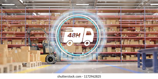 View of a Fast delivery system concept on a warehouse background 3d rendering