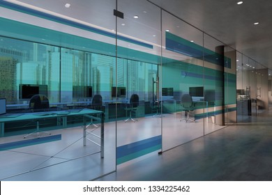 View Of A Glass Office Room Wall Mockup - 3d Rendering