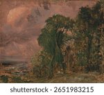 A View at Hampstead with Stormy Weather (ca. 1830) by John Constable. Vintage nature landscape artwork, vintage illustration of nature landscape.