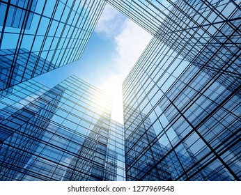 View of high rise glass building and dark steel window system on blue clear sky background,Business concept of future architecture,looking up to the sun light on the top of building. 3d render - Shutterstock ID 1277969548