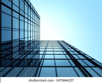 View Of High Rise Glass Building And Dark Steel Window System On Blue Clear Sky Background,Business Concept Of Future Architecture,looking Up To The Sun Light On The Top Of Building. 3d Render