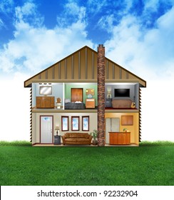 A View Of A House Layout Of Rooms With Furniture And Decoration. There Are Clouds And Grass In The Background. Use It For A Clean Energy Or Hvac Concept.