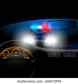 View from inside the car on the police car in night with lights. Page template design