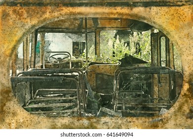 View inside yellow retro bus, vintage. Painting watercolor.