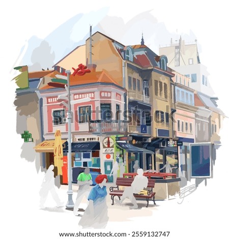 View from the intersection to the corner of a ridiculous looking houses among a busy street. Digital urban sketch