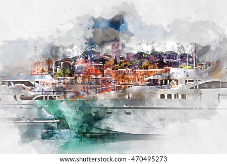 View of Le Suquet- the old town and Port Le Vieux of Cannes, France. Digital watercolor painting.