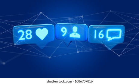 View of Like, Follower and message notification on social network - 3d render