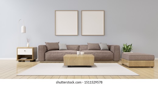 View Of Living Room Space With Grey Sofa Set And Wood Side Table On Plain Wall With Blank Picture Frame.Perspective Of Minimal Interior Design. 3d Rendering.