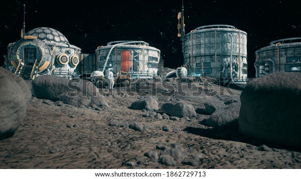 View of\
the lunar surface, lunar colony and astronauts working at the lunar\
base next to the lunar rover. 3D\
Rendering.