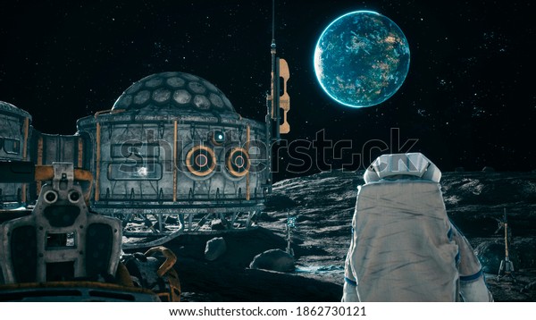 View of\
the lunar surface, lunar colony and astronauts working at the lunar\
base next to the lunar rover. 3D\
Rendering.