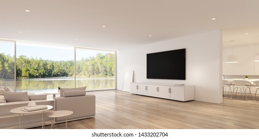 View Of Luxury Living Room In Minimal Style With Furniture On Bright Laminate Floor On Lake View Background.Interior Design With TV And Cabinet.on White Wall, 3d Rendering.	