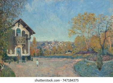 View of Marly-le-Roi from Coeur-Volant, by Alfred Sisley, 1876, French impressionist oil painting. Sisleys use of complementary colors of blue and orange enliven this unconventionally composed landsca