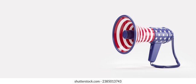 View of megaphone with USA flag over white copy space background. Concept of American election, voting and political campaign. 3d rendering - Powered by Shutterstock