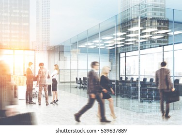 View men   women in suits walking in glass office  City view is seen the foreground  Concept office life  3d rendering  Toned image  Double exposure