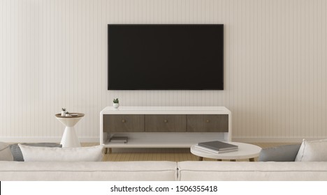 View Of Minimal Living Room With Television On Wall.Interior Design With TV And Cabinet, 3d Rendering.	