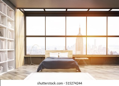 View Of Modern New York Bedroom With Bookcase, Large Vertical Poster And Window. Concept Of Comfortable Home. 3d Rendering. Mock Up. Toned Image