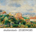 View From Montmartre (Vue de Montmartre) (1892) by Pierre-Auguste Renoir. Vintage Montmartre landscape art drawing illustration, old french Montmartre view painting, Pierre-Auguste Renoir art print.