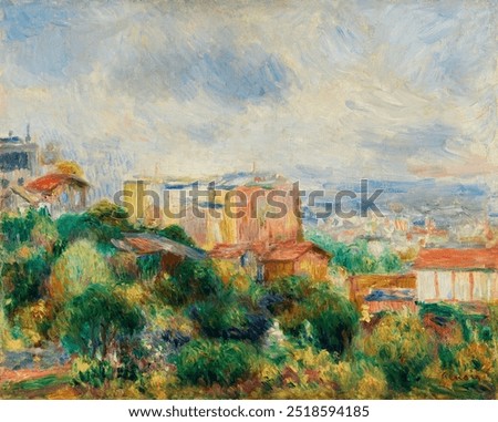 Image, Stock Photo An impressionistic view of sunflowers under a stormy sky, blending vivid yellows and moody blues