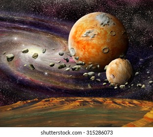 View Of The Mountains Earth From Space Alien Planet And Asteroid Belt On A Spiral Galaxy Background