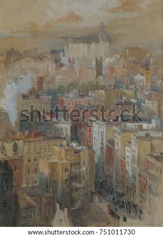 VIEW OF NEW YORK CITY, by Colin Campbell Cooper, 1910 c., American watercolor and gouache drawing. View of NYC from a high point of view. Cooper specialized in impressionist architectural paintings