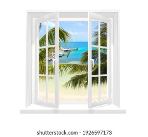 View of ocean through window. Sea view room. Travel, resort, vacation and holiday concept. Beautiful tropical sea view at window in resort. Isolated on white background. 3d render
