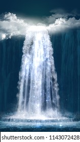 View od a fantasy waterfall at night. Photomanipulation