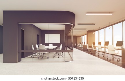 View Of Office With Glass Wall Conference Room And Row Of Computers Outside. Concept Of Coworking. 3d Rendering. Mock Up. Toned Image