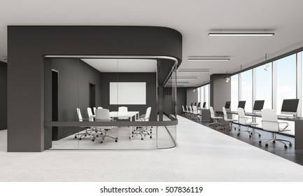 View Of Office With Glass Wall Conference Room And Row Of Computers Outside. Concept Of Coworking. 3d Rendering. Mock Up.