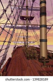 View of an old merchant ship deck with furled sails by sunset