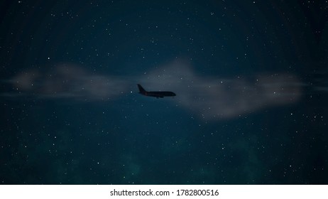 View on 3d rendering silhouette of the airplane flying through turbulent zone.