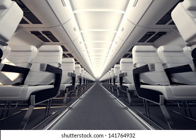 View on an aisle between rows of passanger seats on internacional aircraft's board.