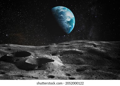 View on Earth from Moon. Elements of this image furnished by NASA. 3D rendered illustration. - Shutterstock ID 2052000122