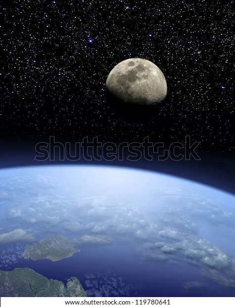 view on Earth and Moon from\
space