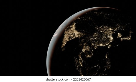 View On The Earth From Space, View On The Asia, China, India, Japan, City Lights Seen From Orbit