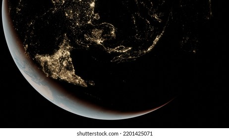 View On The Earth From Space, View On The Asia, India, China, Japan, City Lights Seen From Orbit