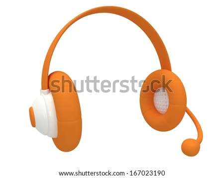 View of one orange headset - 3d render. Music, call center, phone, hands free concept.