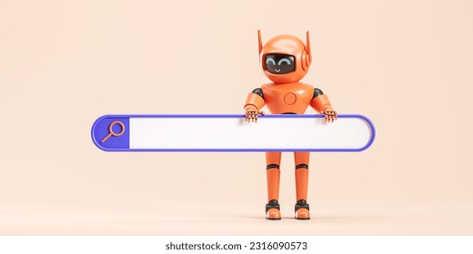 View of orange artificial intelligence robot holding big empty search bar. Concept of machine learning and AI usage in online search engines. 3d rendering, copy space