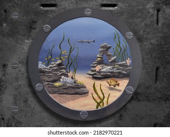 View Out A Submarine Porthole Towards A Coral Reef With Several Fish Swimming Around.