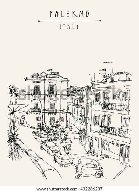 View of Palermo,\
Italy, Europe. Nice historical buildings, town square, car park,\
palm trees. Travel sketchy drawing. Touristic poster, postcard\
template, book\
illustration