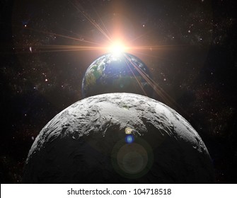 A View Of Planet Earth, Moon And Sun. Abstract Background Of Distant Regions. New Age In The Far Travel And Use Of Solar Energy. Planet Earth Is A Picture From NASA.