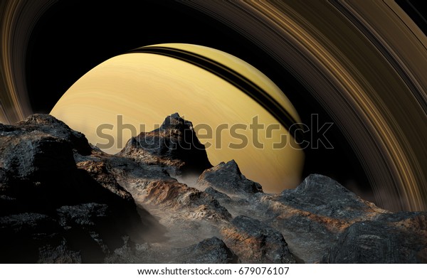 a view of planet Saturn and the rings, as seen from\
one of its moons (3d illustration, elements of this image are\
furnished by NASA)